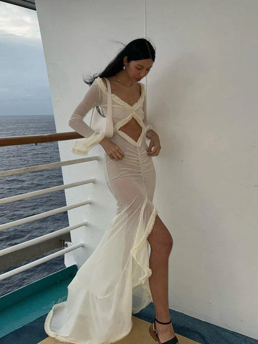 Deep V Neck Sheer Dress For Women Elegant Slim Hollow Out Dress Femme Holiday Beach Sexy Ruffle Slit Evening Ladies