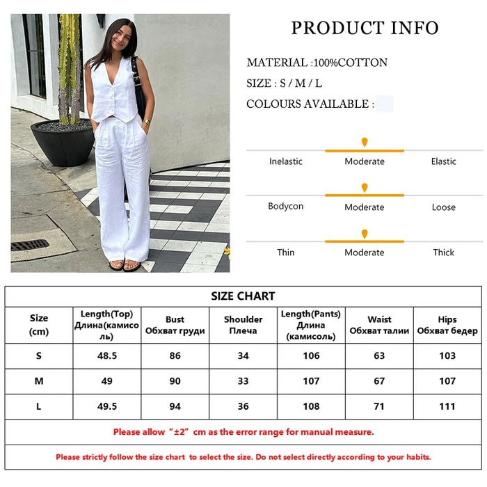 Office Lady Linen Two Piece Set For Women 2024 Fashion Sleeveless Tank Top New In Matching High Waist Wide Pants Set