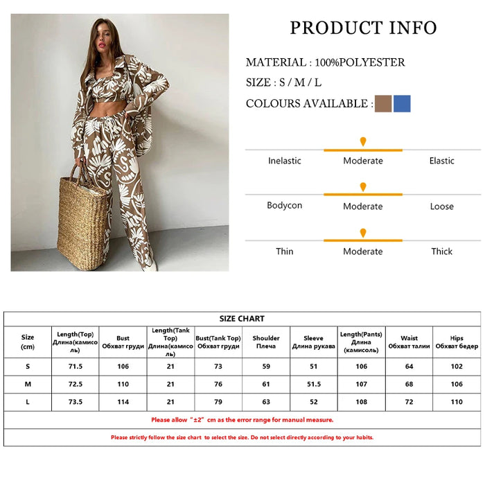 Fashion Loose Print 3 Piece Set Women Outfit Elegant Long Sleeve Blouse Sleeveless Tube Top With High Waist Pants Set