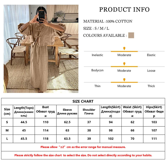 Casual Loose Khaki Cotton 2 Piece Sets Women Outfit Fashion Puff Sleeve Lace-Up Shirt With High Waist Long Skirts Set