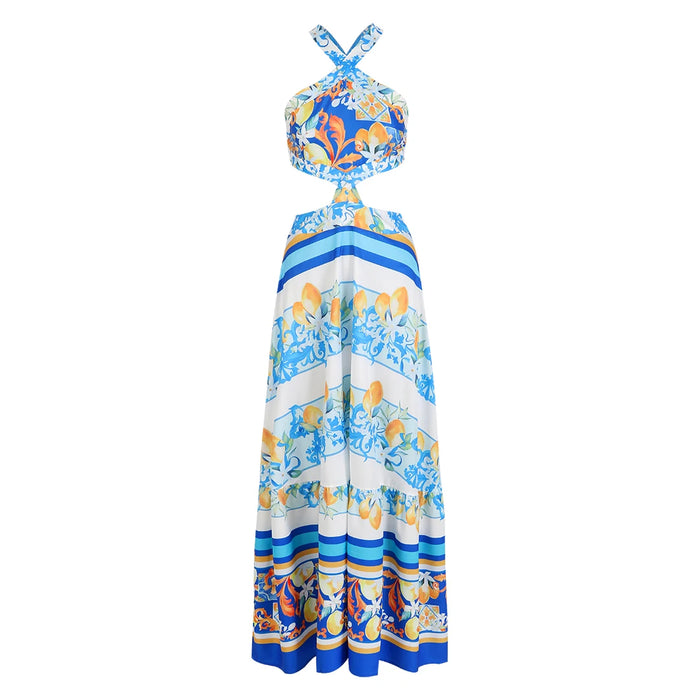 Bohemian Sexy Printed Women Dresses Halter Sleeveless Backless Naked Waist Long Dress Fashion Summer Beach Holiday