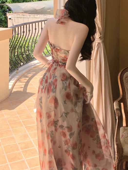 Floral Chiffon Fairy Dress Print Halter Dress Women Backless Sexy Elegant Party