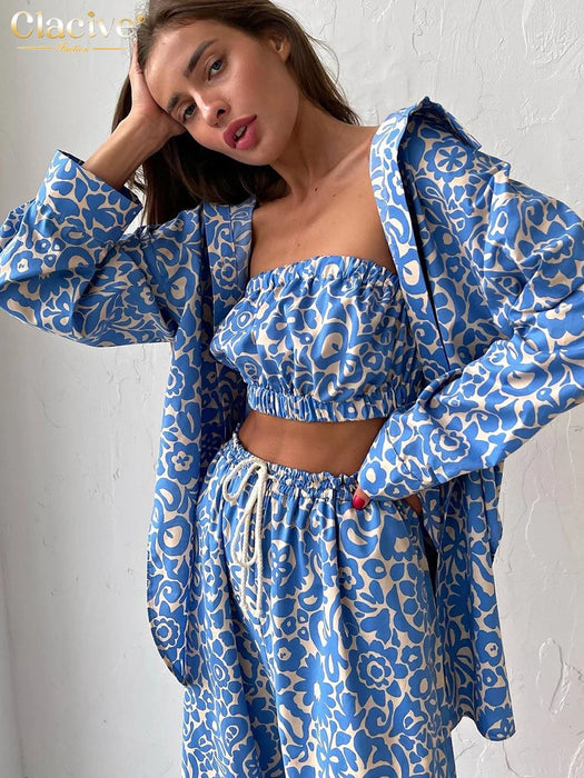 Fashion Loose Print 3 Piece Set Women Outfit Elegant Long Sleeve Blouse Sleeveless Tube Top With High Waist Pants Set