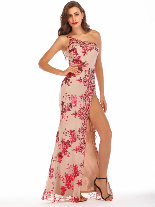 One shoulder Sequins Long dress women summer party dress elegant luxury Night club bodycon maxi dresses