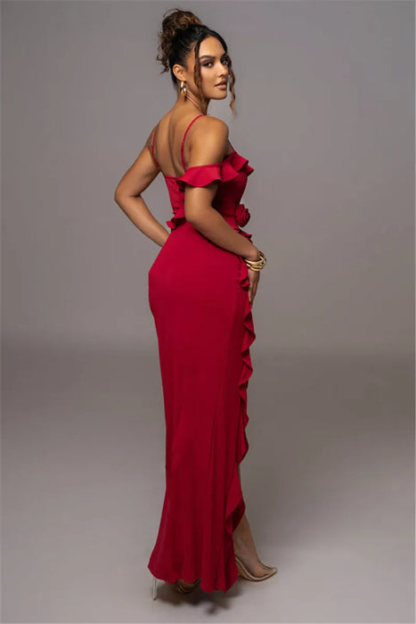 Elegant Ruffle Sexy Maxi Dress Women Spaghetti Strap Flower Sleeveless Backless High Split Club Party Evening Dress