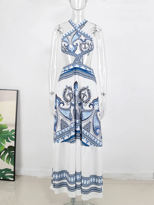 Bohemian Sexy Printed Women Dresses Halter Sleeveless Backless Naked Waist Long Dress Fashion Summer Beach Holiday