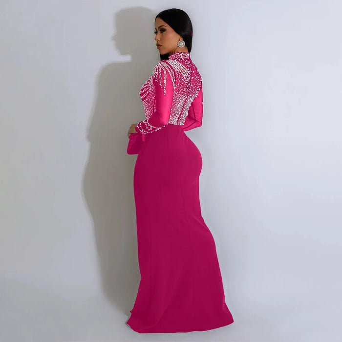Women Long Sleeve Diamonds Hot Rhinestones High Side Split Mermaid Midi Maxi Dress Sexy Party Dresses