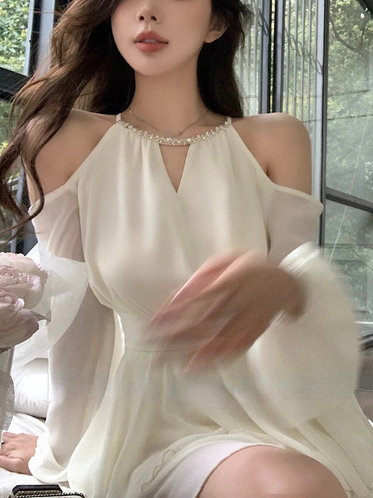 Summer Chiffon Mini Dress Women Long Sleeve Party Dresses Office Lady