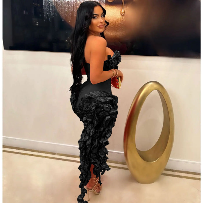 Women Strapless Ruffles Tassel Irregular Bodycon long Maxi Dress
