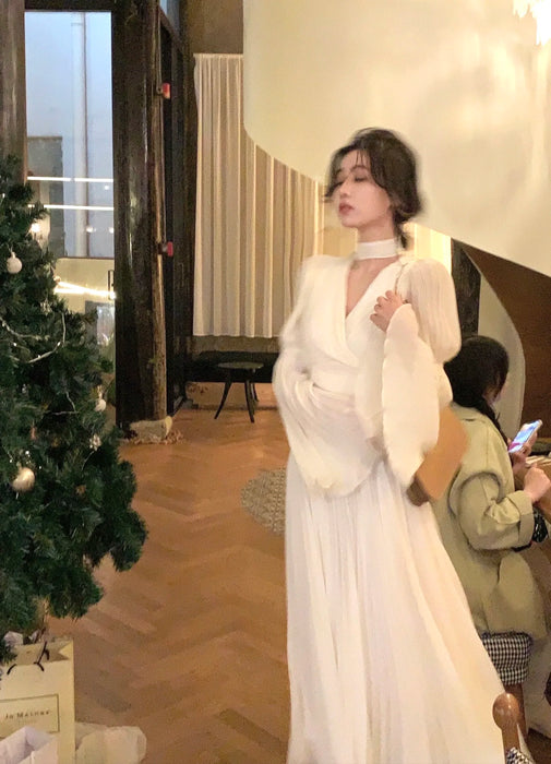 Womens French Elegant Ruffle Irregular Long Dress Pleated Party Evening