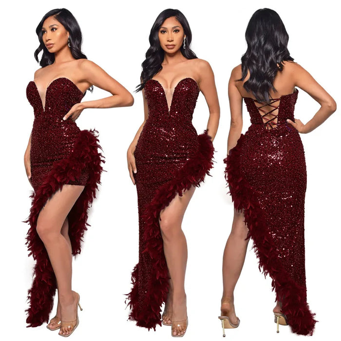 Women Sequined Strapless Feather High Side Split Strapless Bodycon Midi Maxi Dress Sexy Club Evening Party Dresses Night Lady