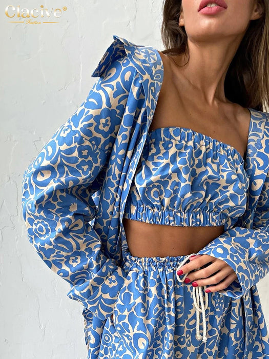 Fashion Loose Print 3 Piece Set Women Outfit Elegant Long Sleeve Blouse Sleeveless Tube Top With High Waist Pants Set