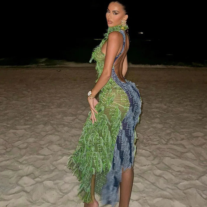 Women Patchwork Sleeveless See Though A-line Maxi Dress Sexy Party Club Evening Prom Long Chic Dresses