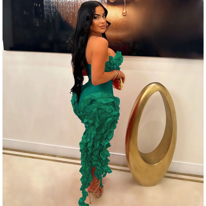 Women Strapless Ruffles Tassel Irregular Bodycon long Maxi Dress