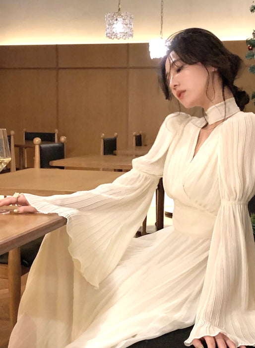 Womens French Elegant Ruffle Irregular Long Dress Pleated Party Evening