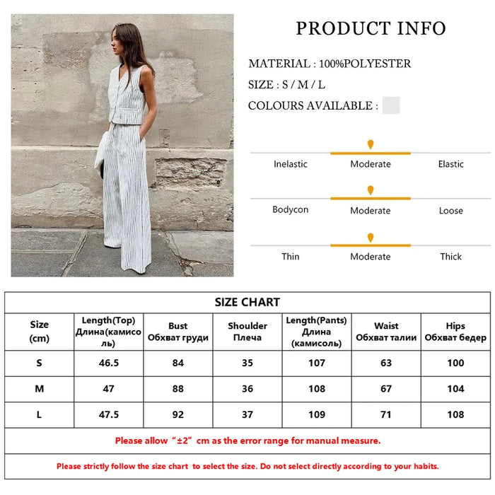 Office Lady Stripe Print Pants Sets For Women 2 Pieces Elegant Sleeveless Tank Top With High Waist Wide Trousers Suits