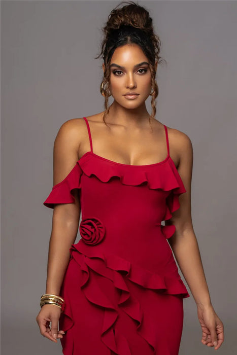 Elegant Ruffle Sexy Maxi Dress Women Spaghetti Strap Flower Sleeveless Backless High Split Club Party Evening Dress