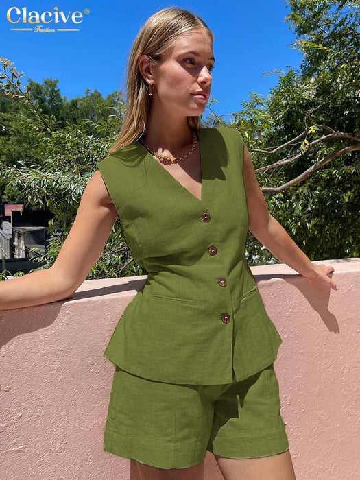 Summer Slim Khaki Linen 2 Piece Sets Women Outfit Fashion Sleeveless Tank Top With High Waist Shorts Set Female