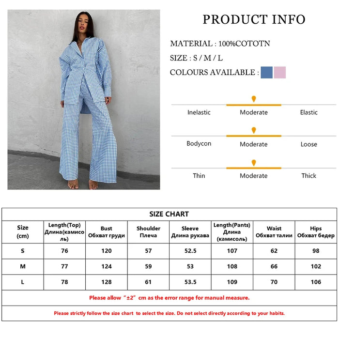 Loose Blue Stripe Cotton 2 Piece Sets Women Outfit Elegant Long Sleeve Shirt With High Waist Wide Pants Set