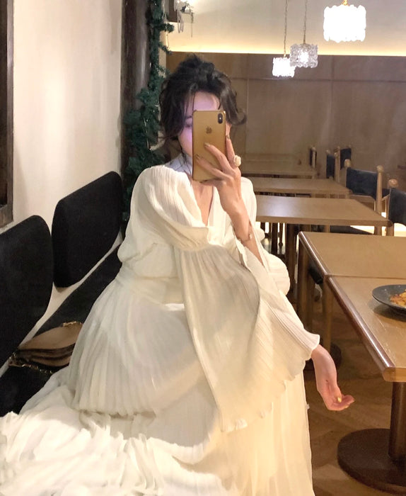 Womens French Elegant Ruffle Irregular Long Dress Pleated Party Evening