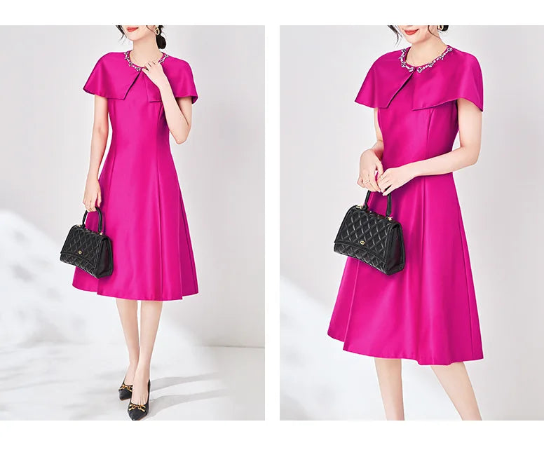 Elegant Diamonds Cloak Sleeve Dinner Party Dresses for Women Fashion Spring Summer Dress Solid Aline Knee Length