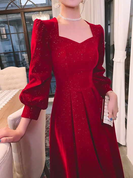 Elegant Red Sequins Midi Dress Women V-neck Formal Evening Party Dresses