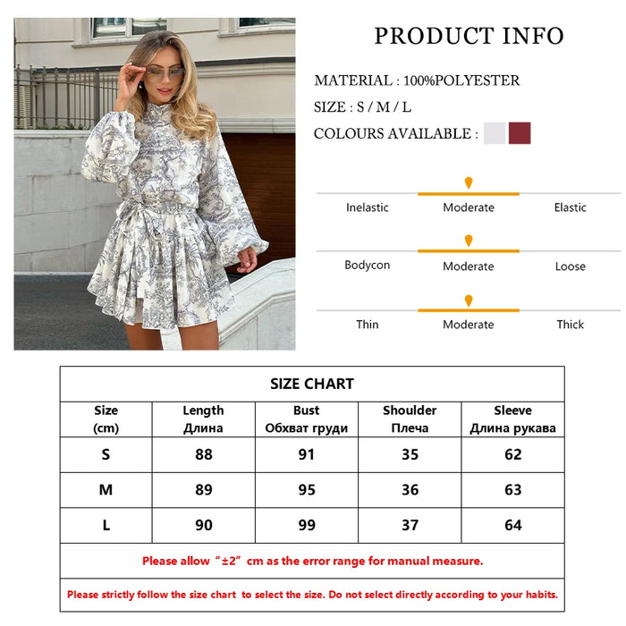 Casaul Loose Print Women'S Dress Fashion Stand Collar Puff Sleeve Mini Dresses Elegant Lace-Up Pleated Female Dress