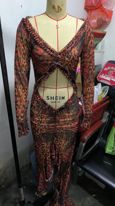 Deep V Neck Sheer Dress For Women Elegant Slim Hollow Out Dress Femme Holiday Beach Sexy Ruffle Slit Evening Ladies