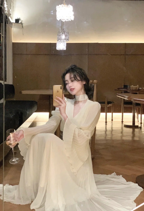 Womens French Elegant Ruffle Irregular Long Dress Pleated Party Evening