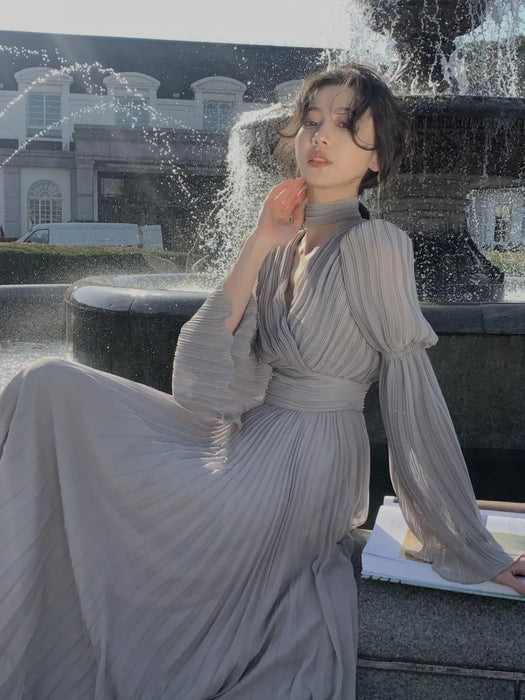 Womens French Elegant Ruffle Irregular Long Dress Pleated Party Evening