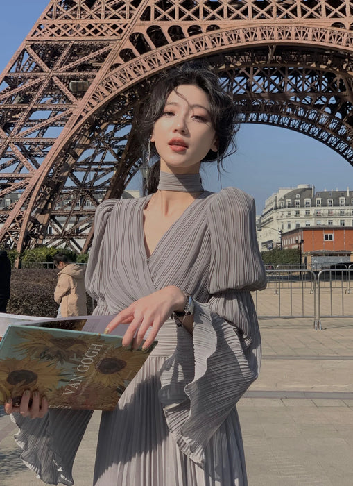 Womens French Elegant Ruffle Irregular Long Dress Pleated Party Evening