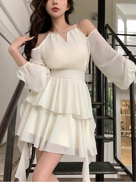 Summer Chiffon Mini Dress Women Long Sleeve Party Dresses Office Lady