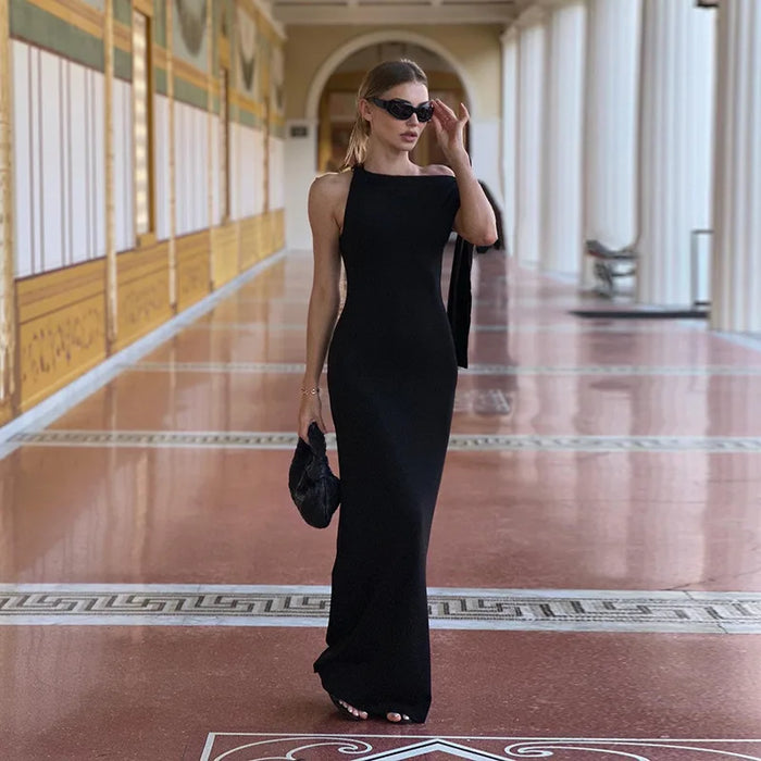 Diagonal Collar Sleeveless Sexy Maxi Dress For Women Fashion Off-shoulder Sleeveless Bodycon Long Dress Elegant