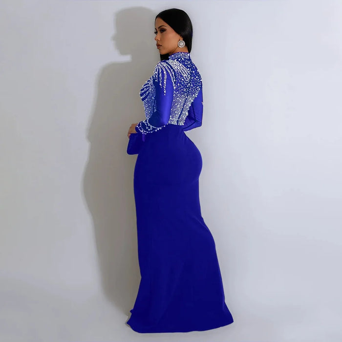 Women Long Sleeve Diamonds Hot Rhinestones High Side Split Mermaid Midi Maxi Dress Sexy Party Dresses