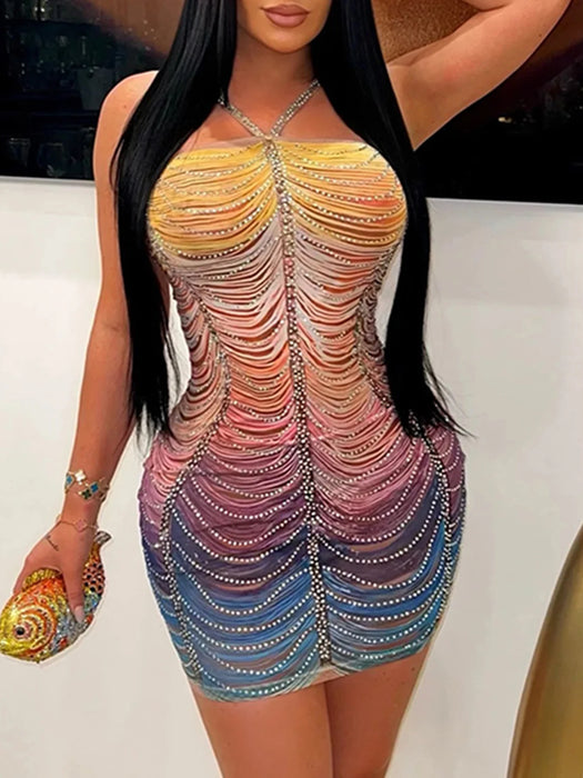 Backless mini rhinestone party dress women elegant luxury bodycon club evening dresses