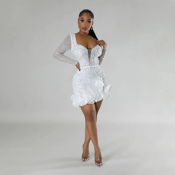 Spring Women Long Sleeve Ruffles Hot Drilling Bead Short Dress Sexy Night Club Evening Birthday Mini Dresses