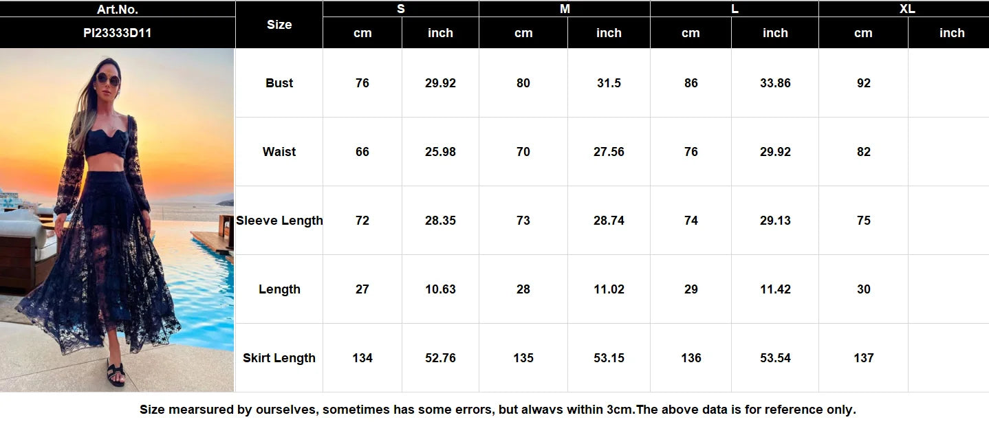 Sexy Black Lace Skirt Two Piece Set Long Sleeve V-neck Top High Waist See Through Skirt Suit Summer Beach Style Set