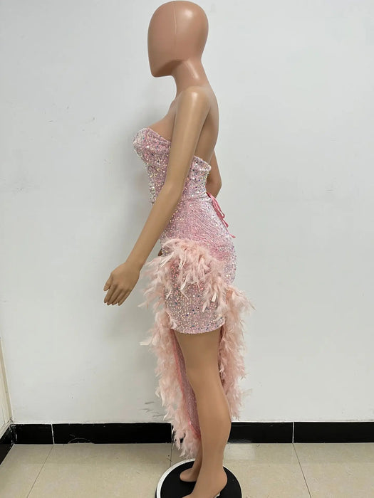 Women Sequined Strapless Feather High Side Split Strapless Bodycon Midi Maxi Dress Sexy Club Evening Party Dresses Night Lady