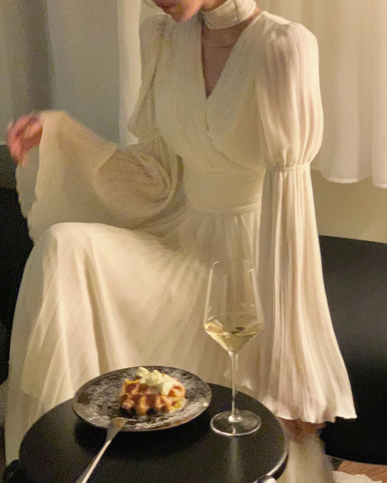 Womens French Elegant Ruffle Irregular Long Dress Pleated Party Evening