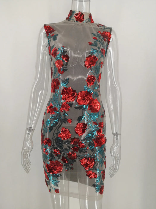 See through Mesh Red Sequin Mini Summer Dress Women Night club outfits cocktail Dresses Party bodycon