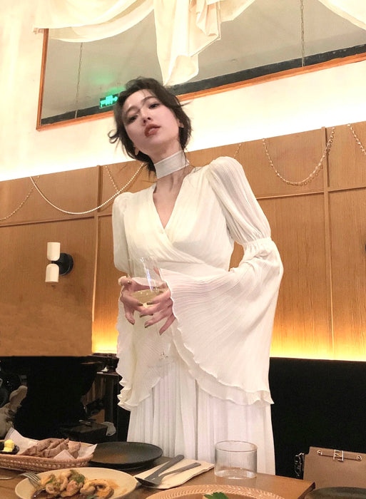 Womens French Elegant Ruffle Irregular Long Dress Pleated Party Evening