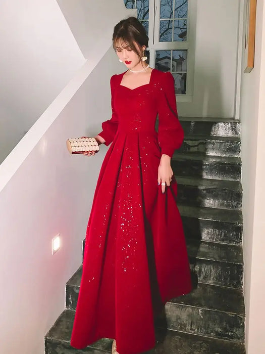 Elegant Red Sequins Midi Dress Women V-neck Formal Evening Party Dresses