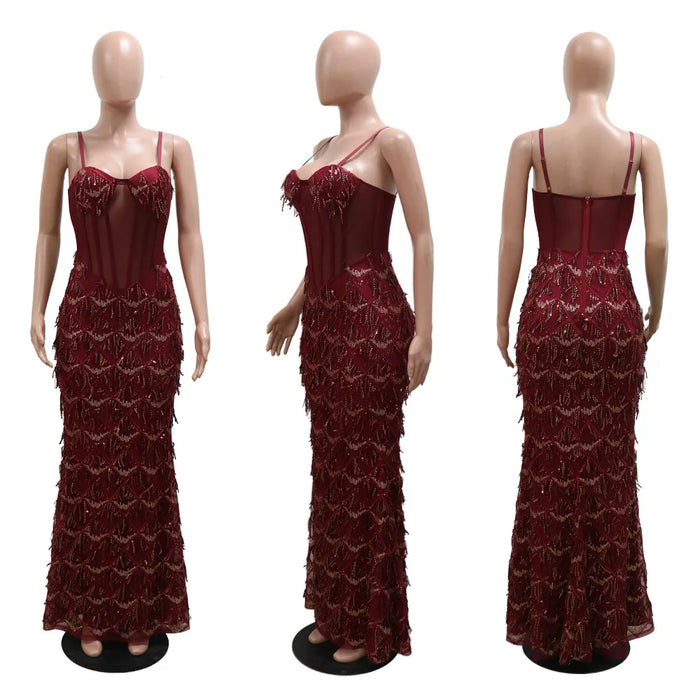 Women Sequined Spaghetti Stap Mesh Patchwork Tunic Bodycon Midi Maxi Dress Sexy Club Evening Party Night