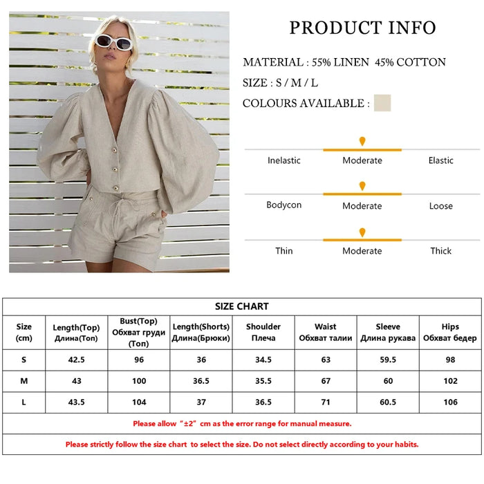 Casaul Loose Khaki Linen 2 Piece Sets Women Outfit Fashion Long Sleeve Shirt With High Waist Shorts Set Female