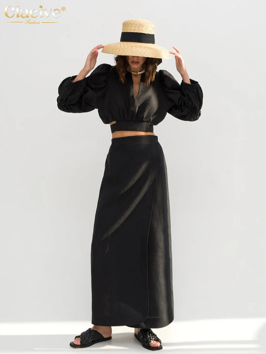 Fashion Loose Brown Linen 2 Piece Set Women Outfit Summer Long Sleeve Crop Shirt With High Waist Long Skirts Set Female
