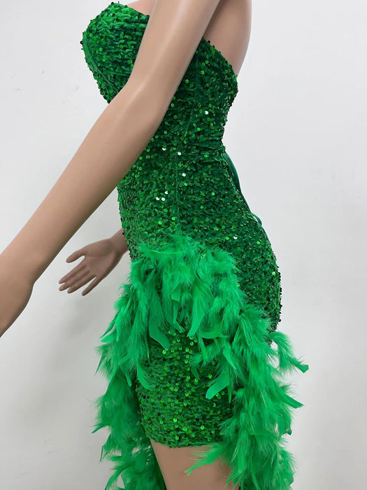 Women Sequined Strapless Feather High Side Split Strapless Bodycon Midi Maxi Dress Sexy Club Evening Party Dresses Night Lady