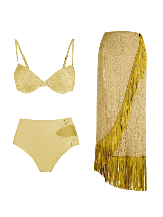 Fashion Sexy Solid Three Piece Bikini Set Padded Bra Tassel High Waist Beach Skirt Swimwear Summer Beach Holiday Bathing Suit