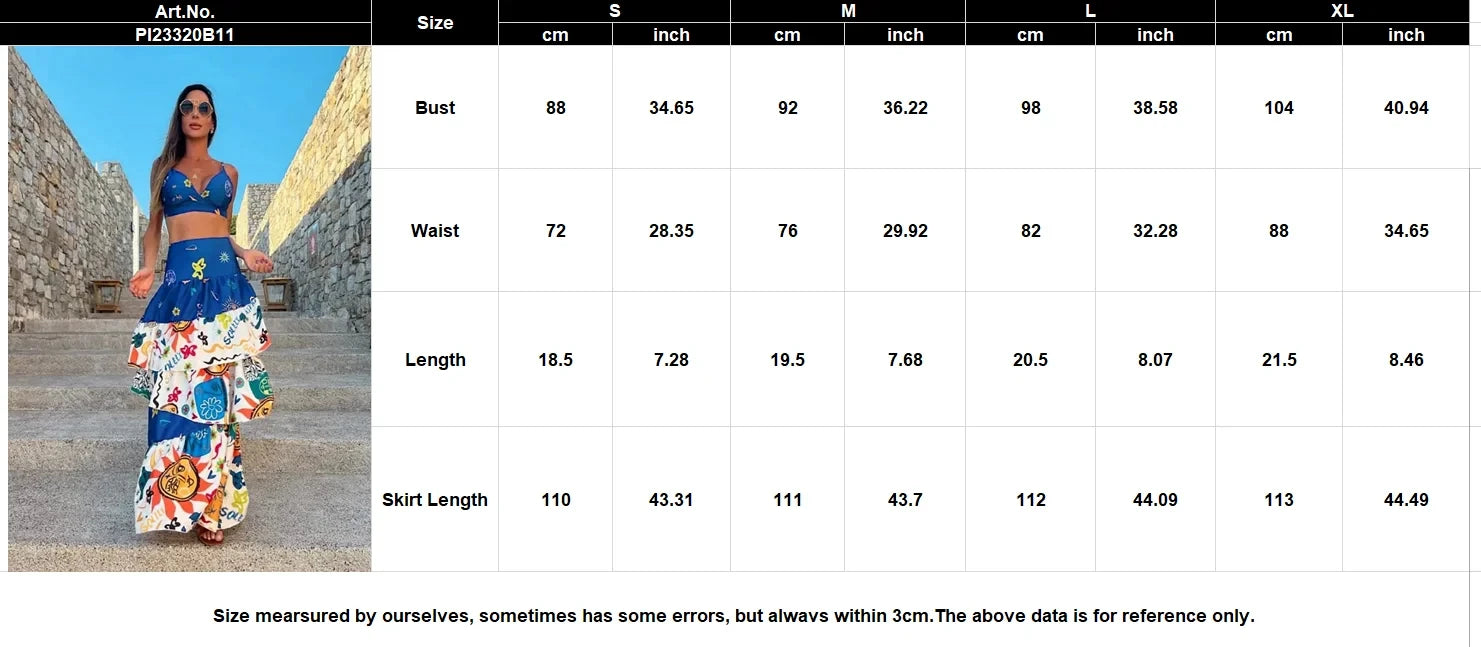 New Women Two-piece Skirt Suit Straps Tube Top Skirt Printed Naked Waist Chic Beach Dance Robe