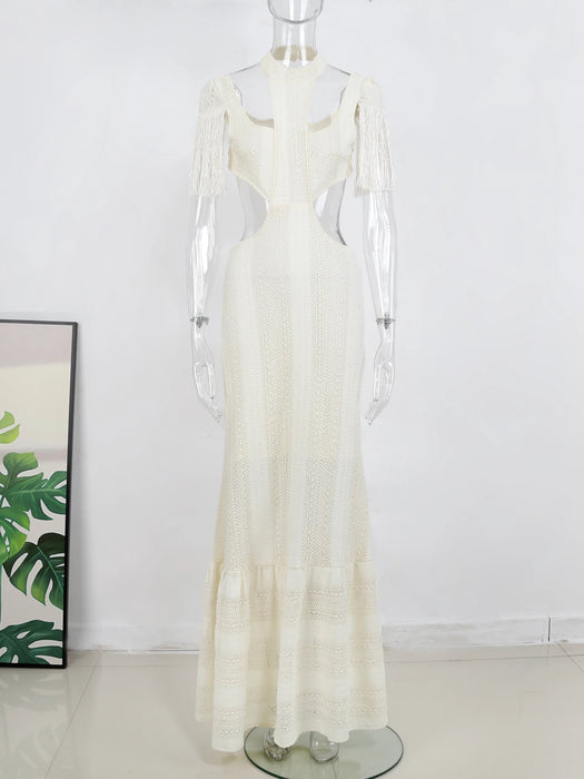 Sexy White Lace Women Dress Turtleneck Tassel Sleeve Slim Naked Waist Hollow Out Long Dress Summer Beach