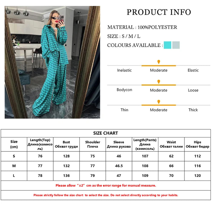 Print 2 Piece Sets Women Outfit Elegant Long Sleeve Shirt With High Waist Wide Pants Set Work Streetwear